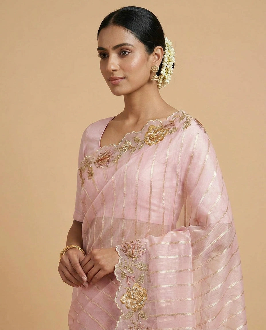 Kota Saree with Aari Hook Embroidery and Resham Floral Work view 4