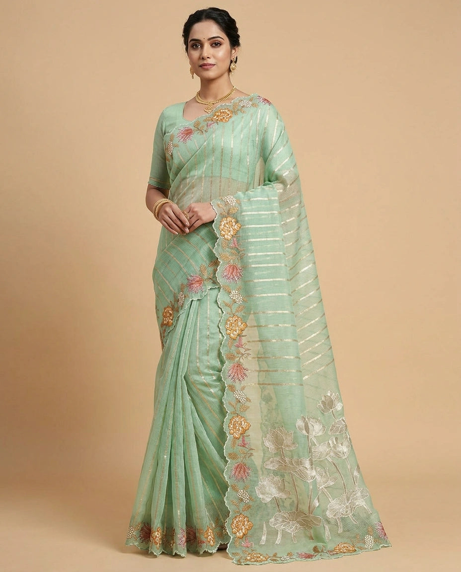 Kota Saree with Aari Hook Embroidery and Resham Floral Work view 5