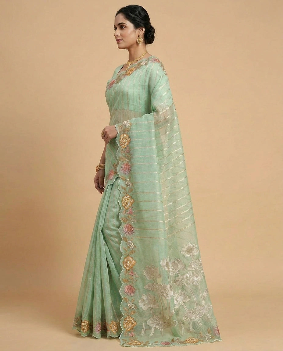 Kota Saree with Aari Hook Embroidery and Resham Floral Work view 7