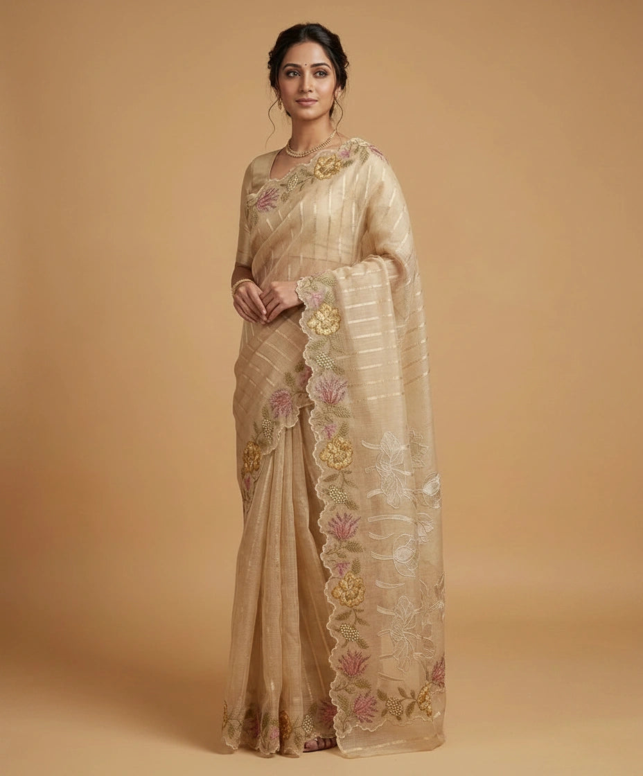 Kota Saree with Aari Hook Embroidery and Resham Floral Work view 9