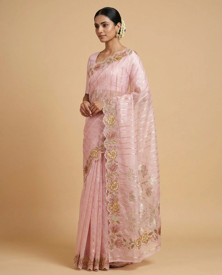 Pink Kota Saree with Aari Hook Embroidery and Resham Floral Work