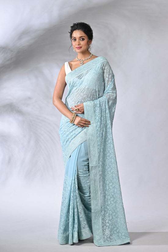 Sky Blue Georgette and Chiffon Georgette Saree