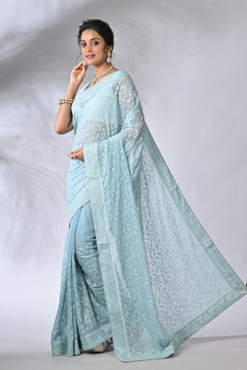 Sky Blue Georgette and Chiffon Georgette Saree