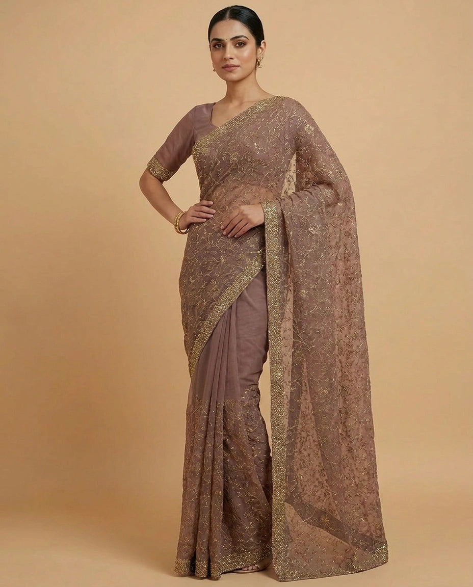 Chiffon Saree with Fine Sequin Embroidery Border and Pallu view 5