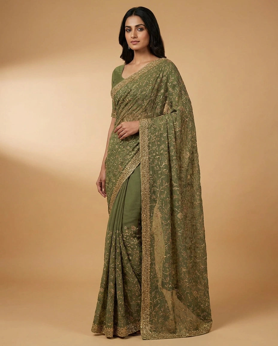 Chiffon Saree with Fine Sequin Embroidery Border and Pallu view 6