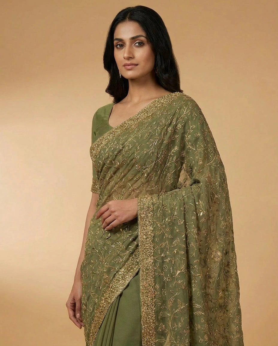 Chiffon Saree with Fine Sequin Embroidery Border and Pallu view 7