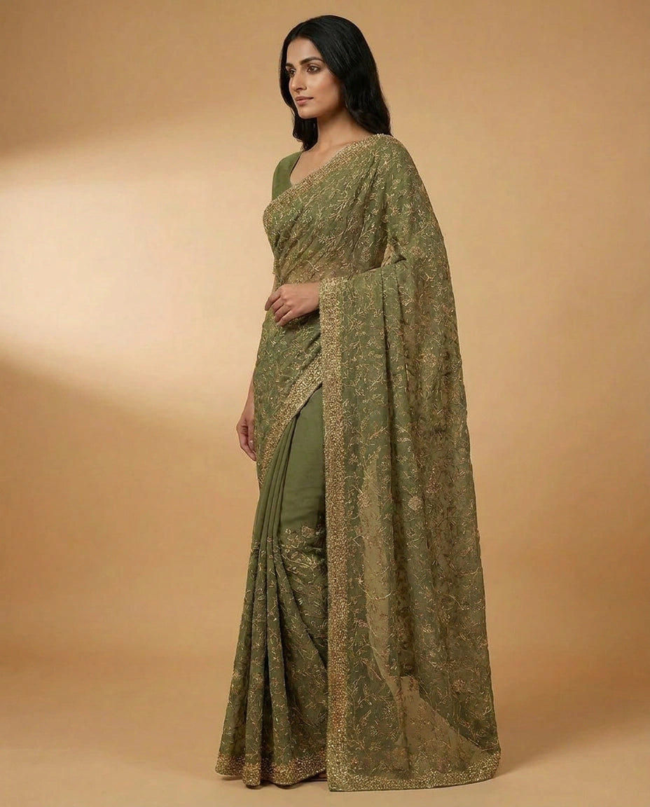 Chiffon Saree with Fine Sequin Embroidery Border and Pallu view 8