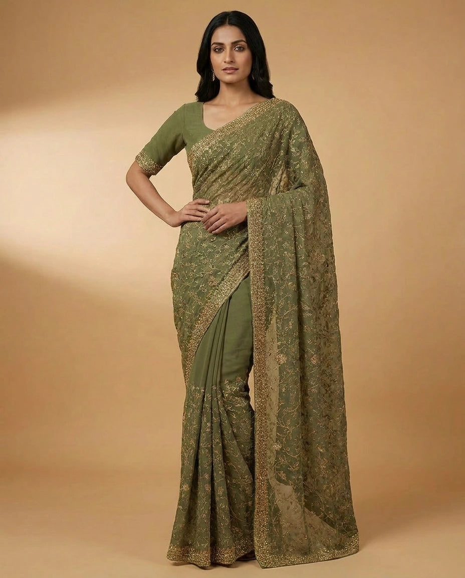Chiffon Saree with Fine Sequin Embroidery Border and Pallu view 9