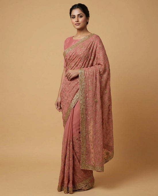 Chiffon Saree with Fine Sequin Embroidery Border and Pallu view 10