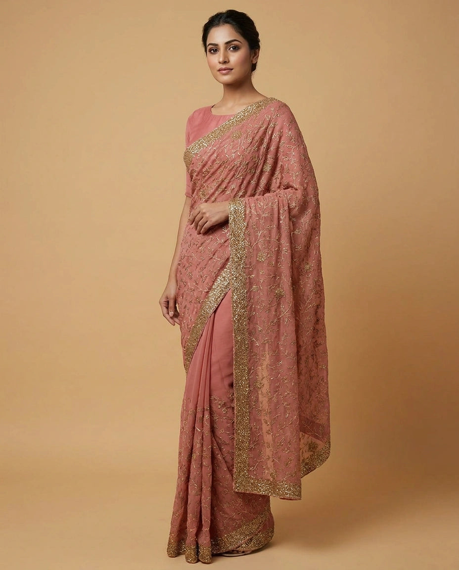Chiffon Saree with Fine Sequin Embroidery Border and Pallu view 10