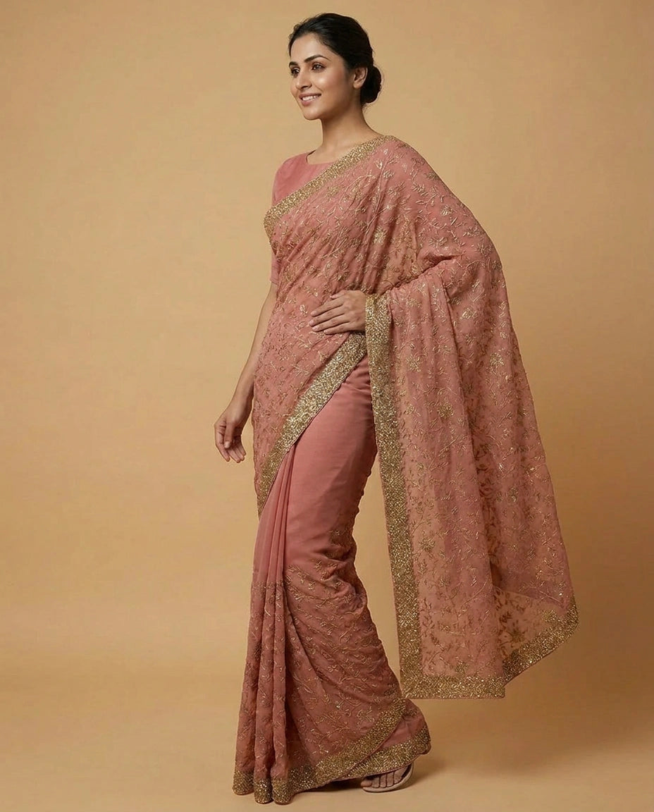 Chiffon Saree with Fine Sequin Embroidery Border and Pallu view 13