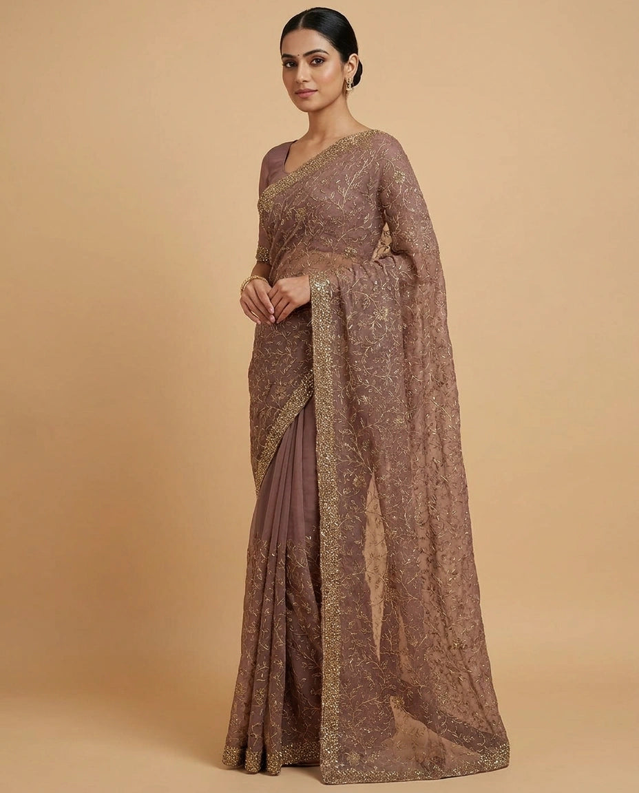 Du Lavender Chiffon Saree with Fine Sequin Embroidery Border and Pallu