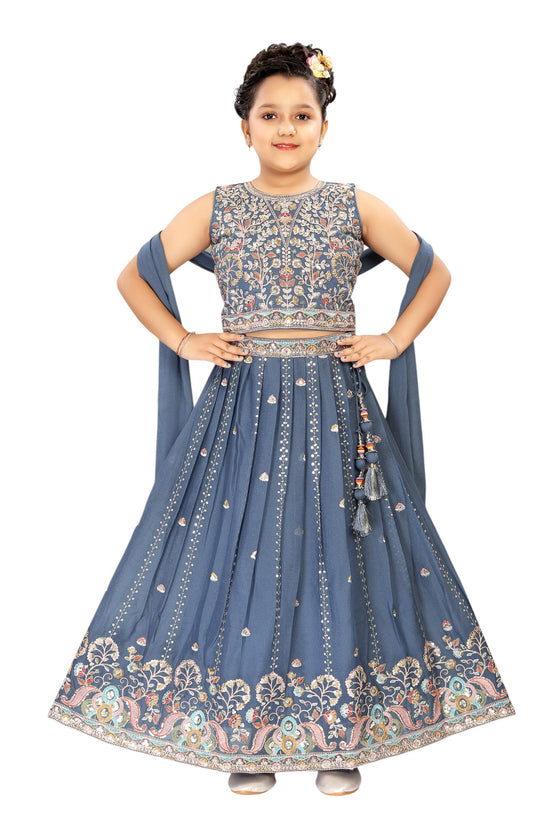 Blue Kids Croptop Embroidered Lehenga - silk Indian ethnic wear by Rangoli