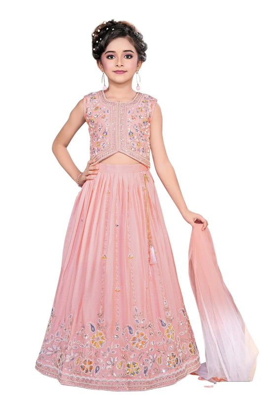 Pink Kids Pink Embroidered Chinon Lehenga with Designer Blouse - Rangoli India