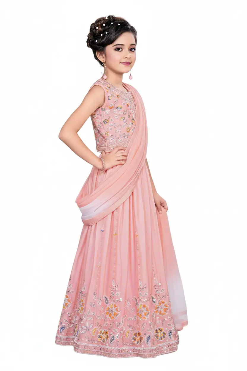Woman wearing a pink embroidered saree with a white background