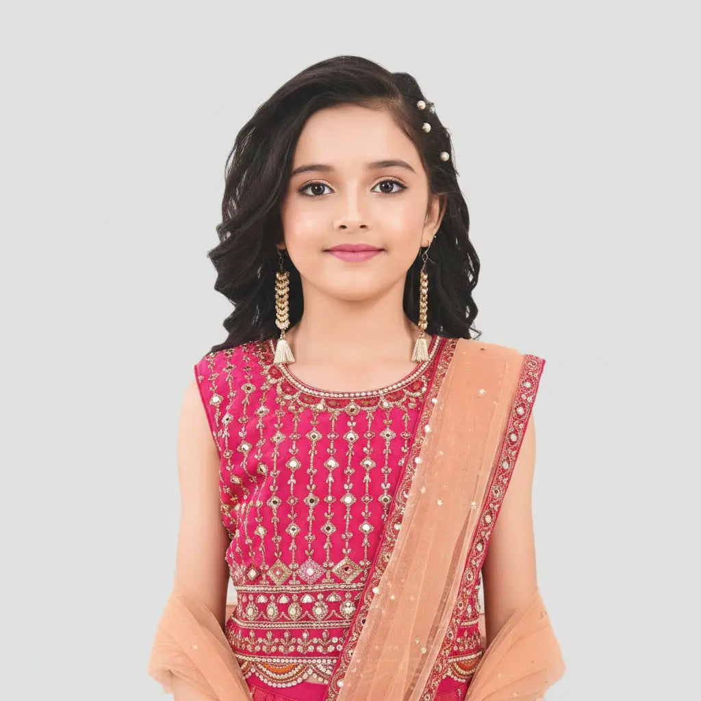 Young girl wearing a traditional pink and gold outfit with a beige dupatta on a light gray background