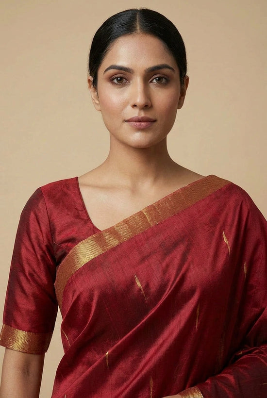 Maroon Bengal Cotton Linen Saree with Handloom Festive Stripe - Rangoli India