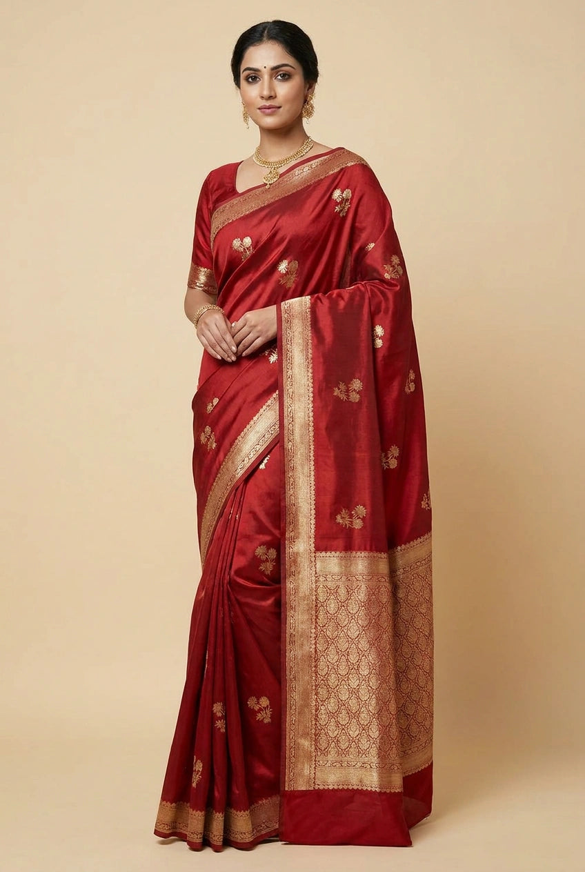 Woman wearing a red saree with gold patterns on a beige background