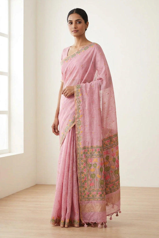 Mustard Handloom Cotton Linen Bengal Saree - Rangoli India