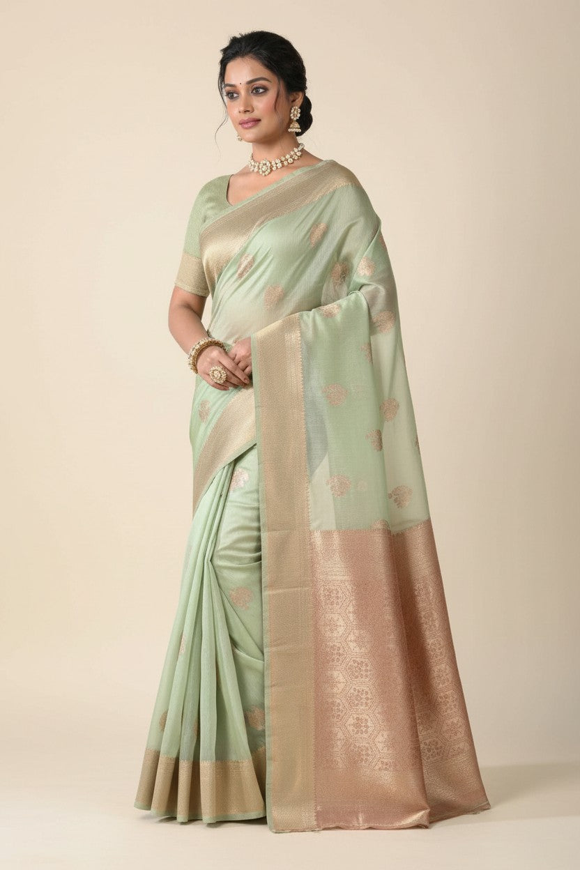 Handcrafted Chanderi Silk Banarasi Silk Saree - Firozi Blue | Rangoli