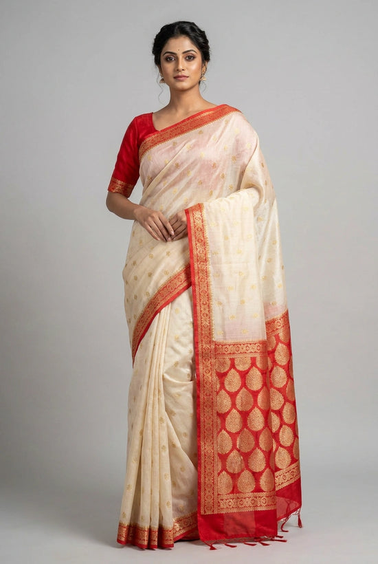 White Red Cotton Linen Banarasi Saree with Zari Weave - Rangoli India