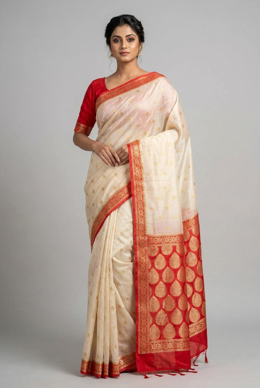 Woman wearing a cream saree with red border on a gray background