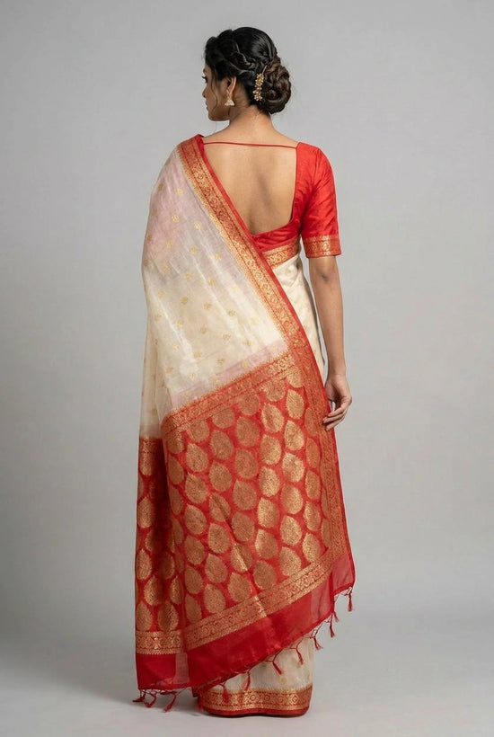 White Red Cotton Linen Banarasi Saree with Zari Weave - Rangoli India