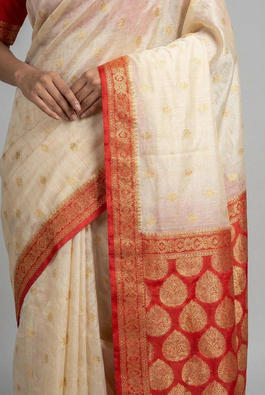 Beige saree with red border and gold patterns on a plain background