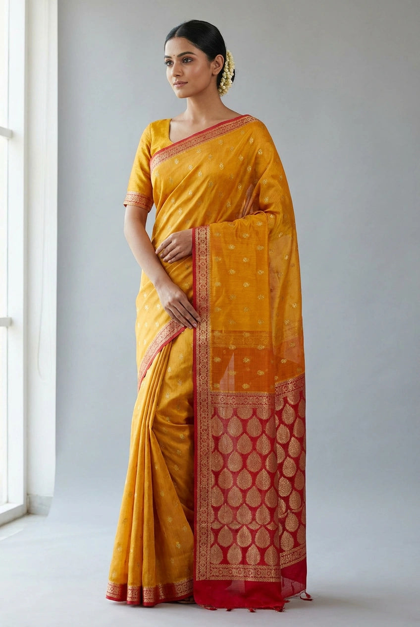 Woman wearing a yellow saree with a red border against a white background