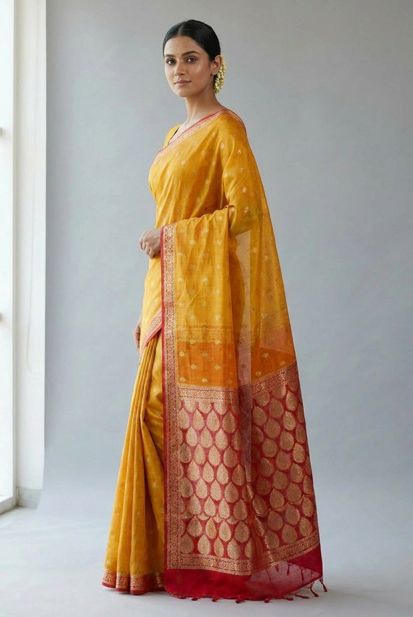 Woman wearing a yellow saree with a red border on a plain background