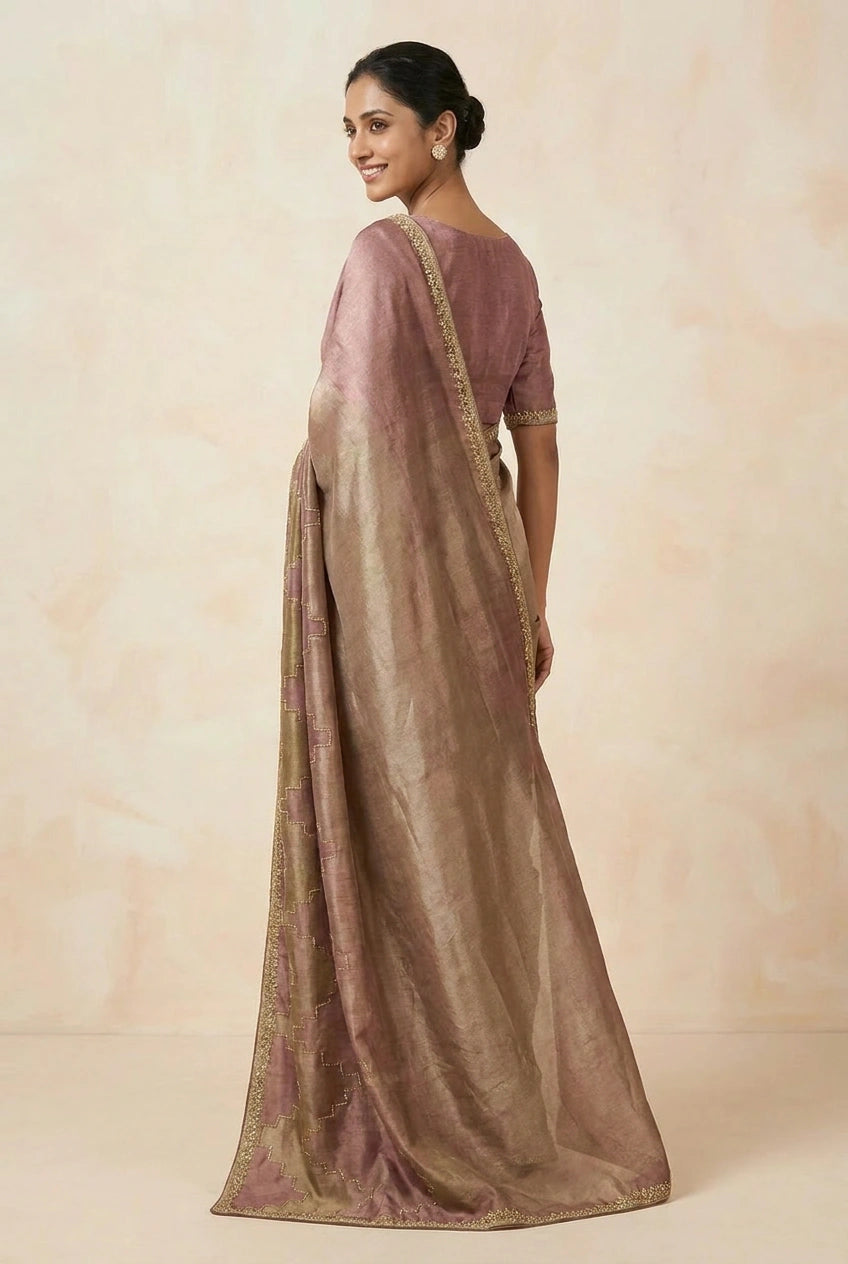 Chiku Tissue Silk Embroidered Saree for Wedding Occasions