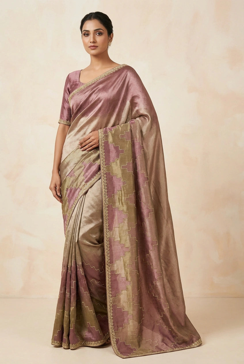 Chiku Tissue Silk Embroidered Saree for Wedding Occasions