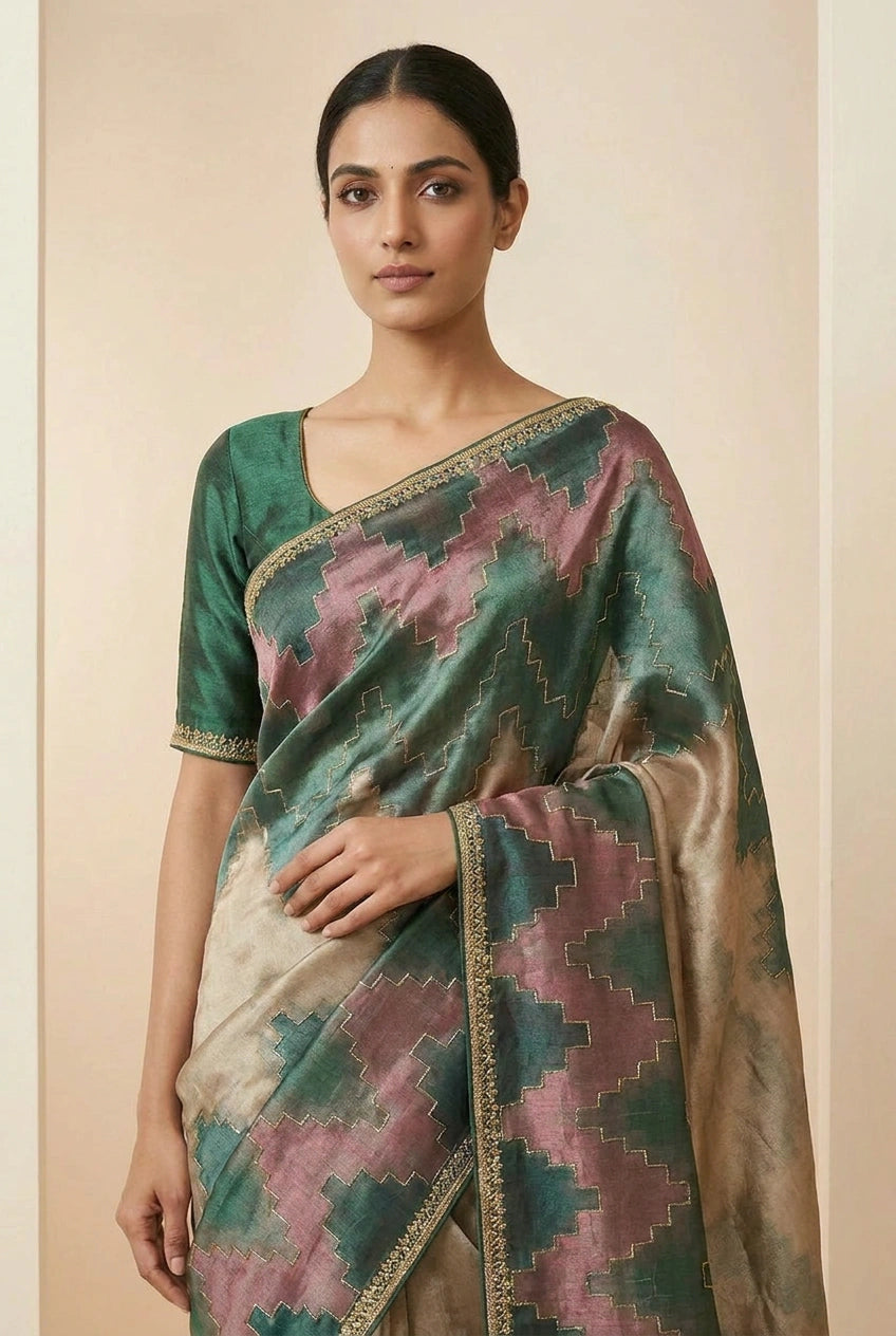 Chiku Tissue Silk Embroidered Saree for Wedding Occasions
