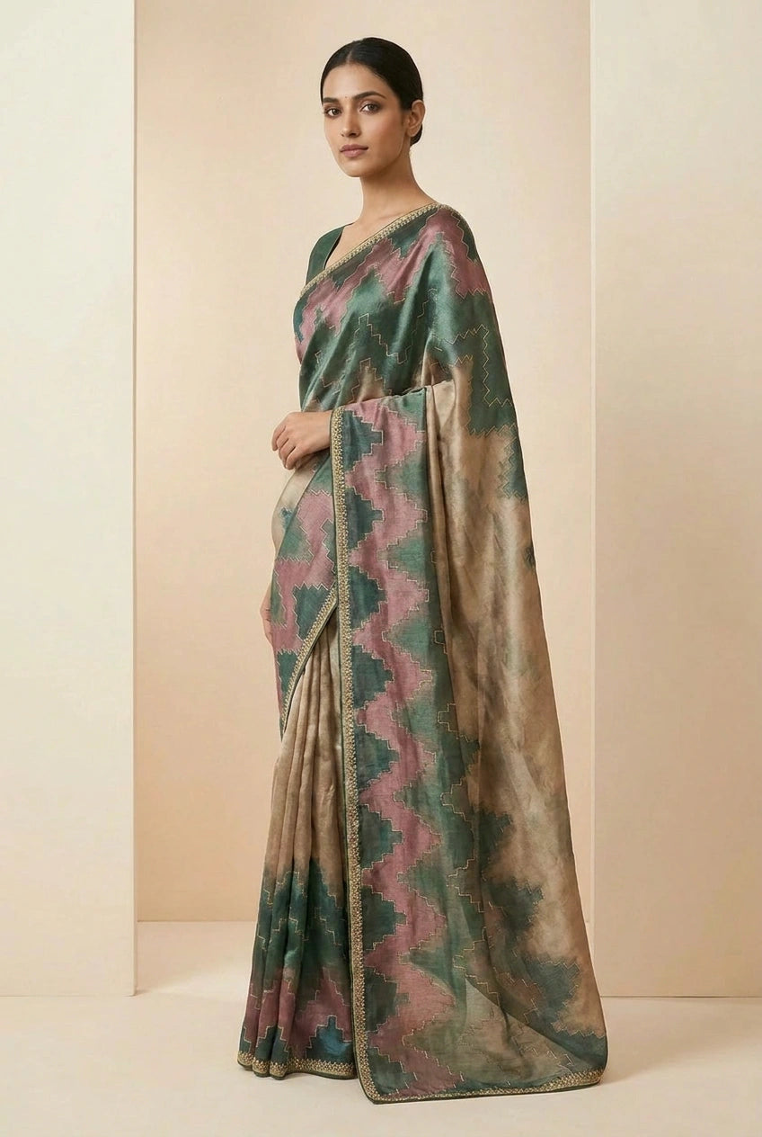 Chiku Tissue Silk Embroidered Saree for Wedding Occasions