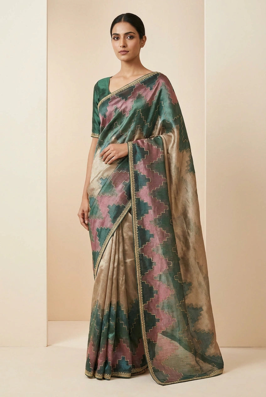 Chiku Tissue Silk Embroidered Saree for Wedding Occasions