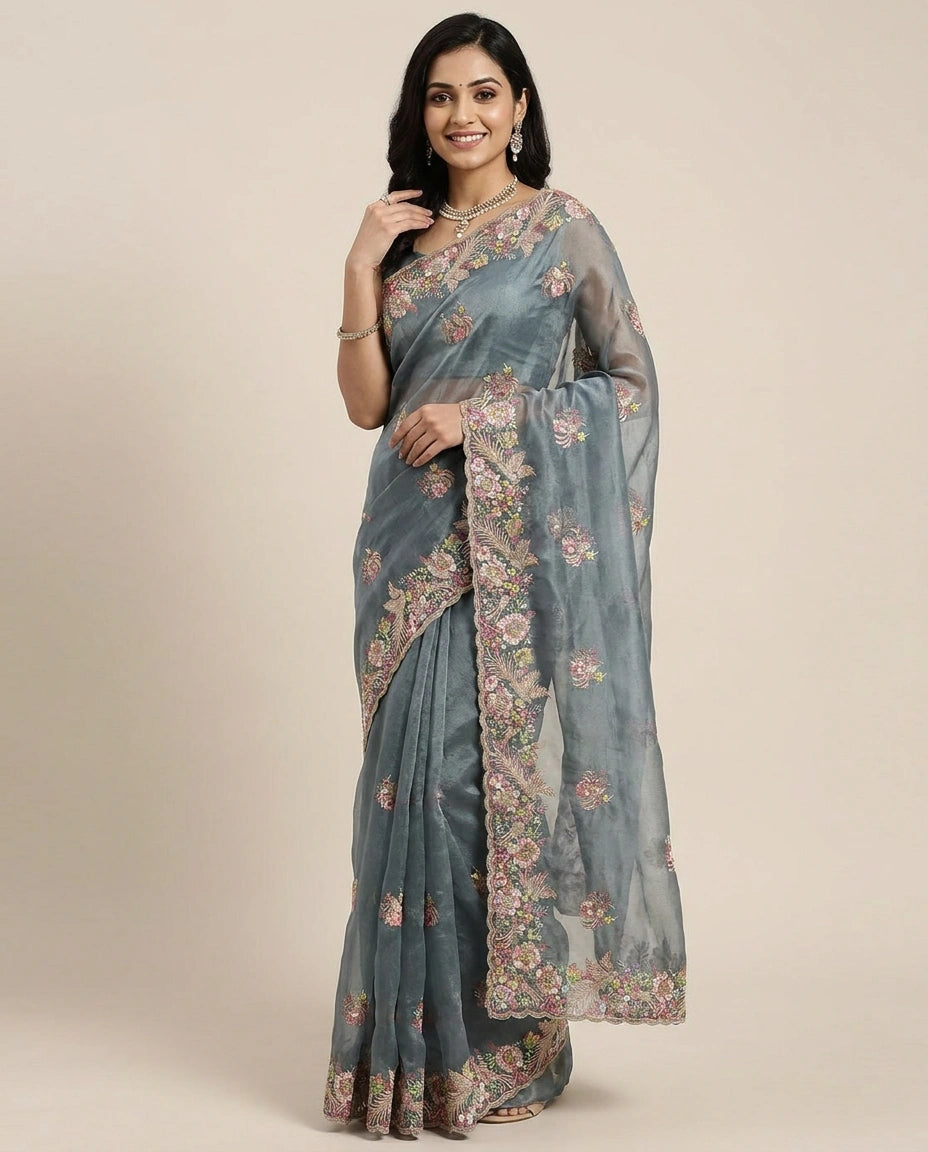 Embroidered Saree in Tissue - Rangoli India