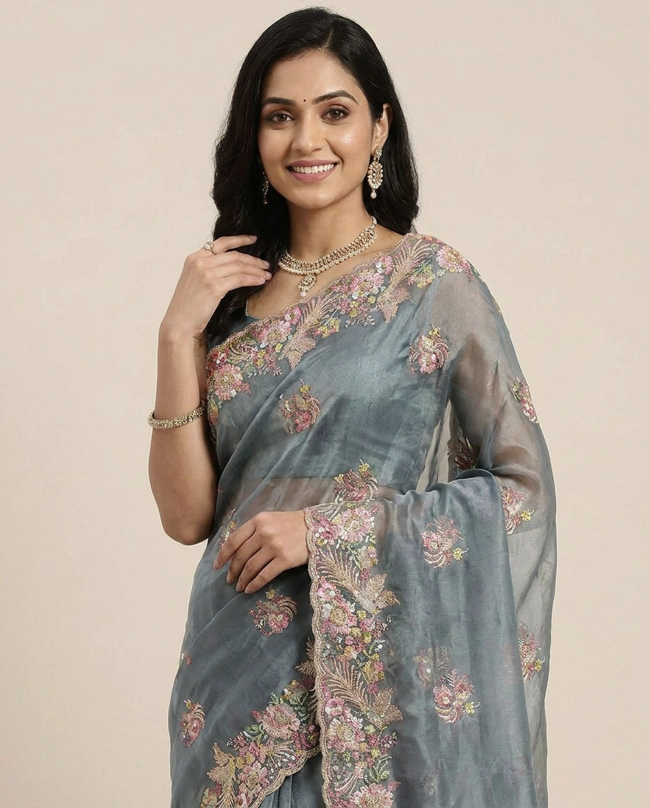 Embroidered Saree in Tissue - Rangoli India