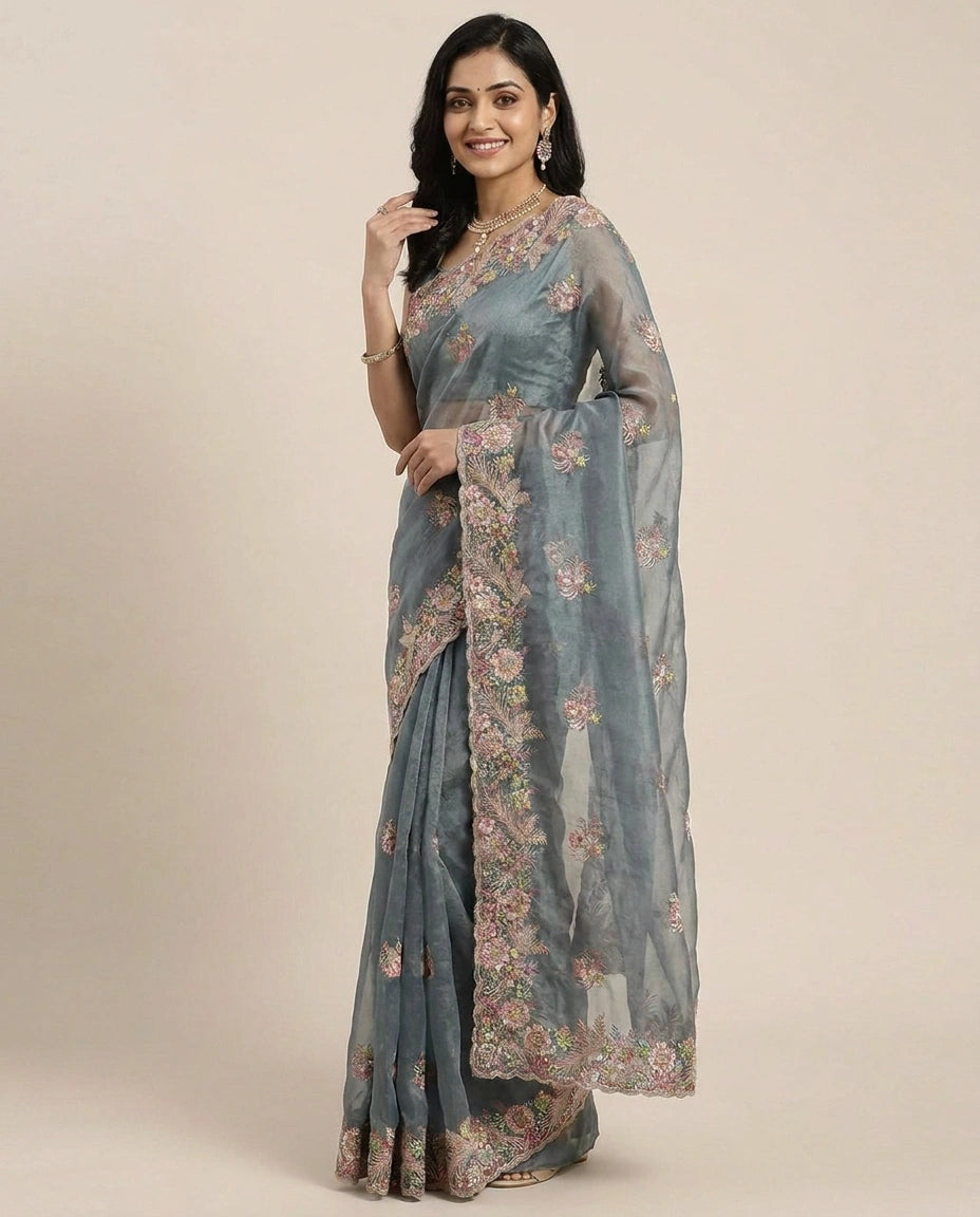 Embroidered Saree in Tissue - Rangoli India