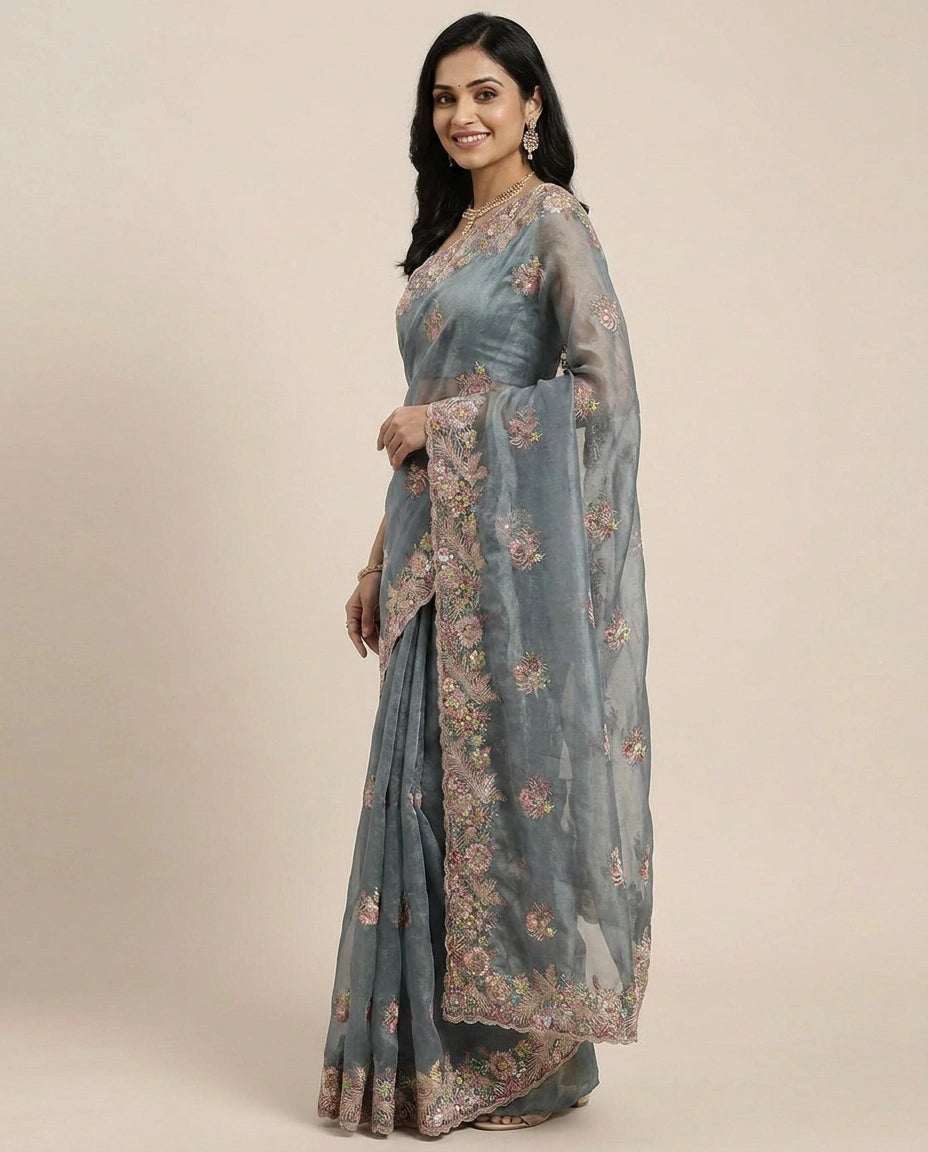 Embroidered Saree in Tissue - Rangoli India