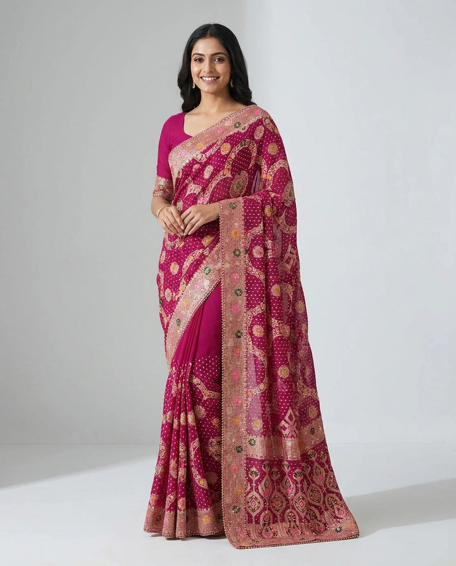 Woman wearing a pink saree with a white background