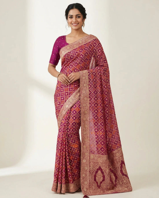 Woman wearing a patterned saree on a white background