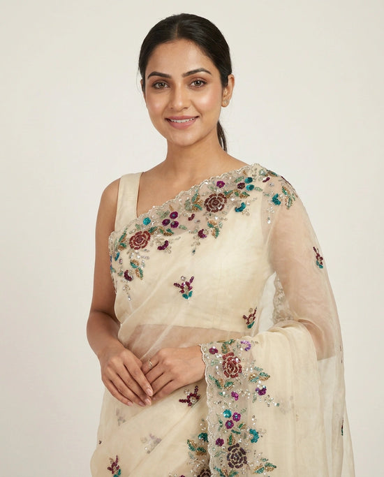Organza Embroidered Saree with Scattered Motifs - Rangoli India