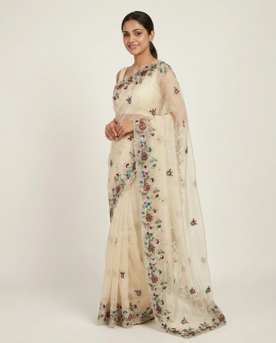 Organza Embroidered Saree with Scattered Motifs - Rangoli India