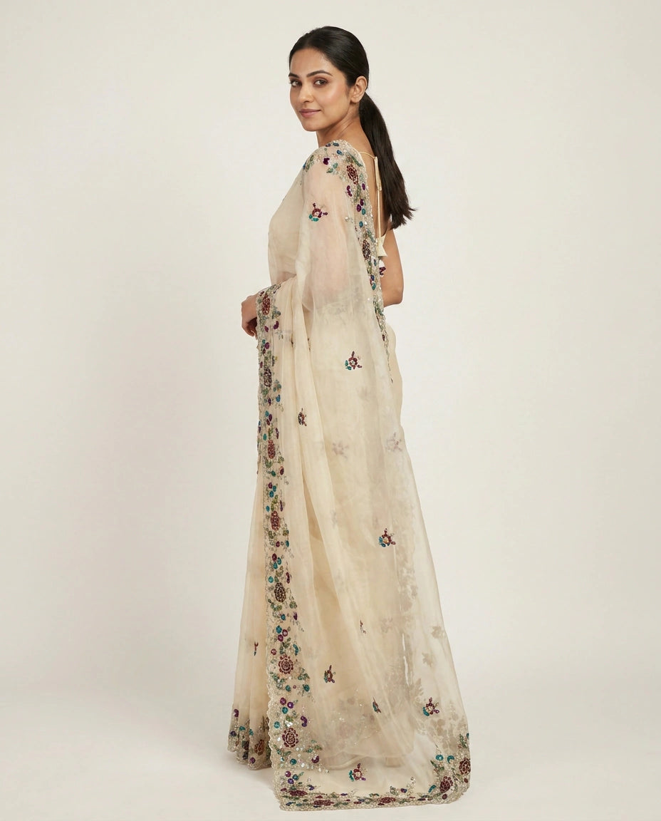 Organza Embroidered Saree with Scattered Motifs - Rangoli India