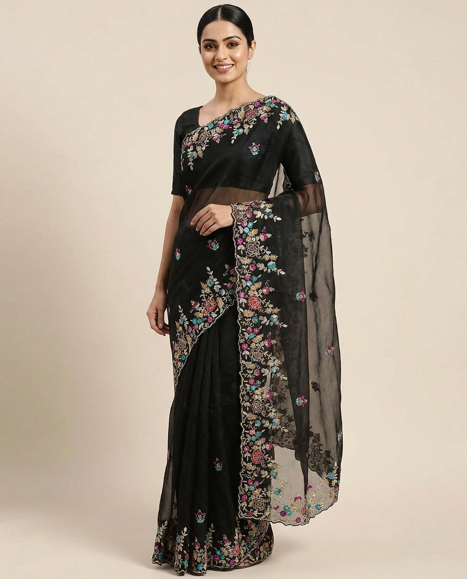 Organza Embroidered Saree with Scattered Motifs - Rangoli India