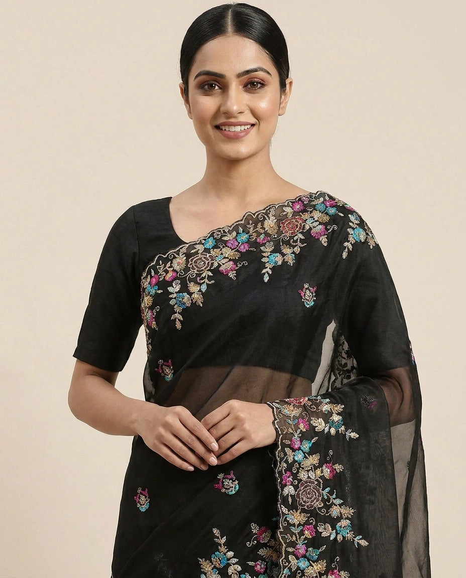 Organza Embroidered Saree with Scattered Motifs - Rangoli India