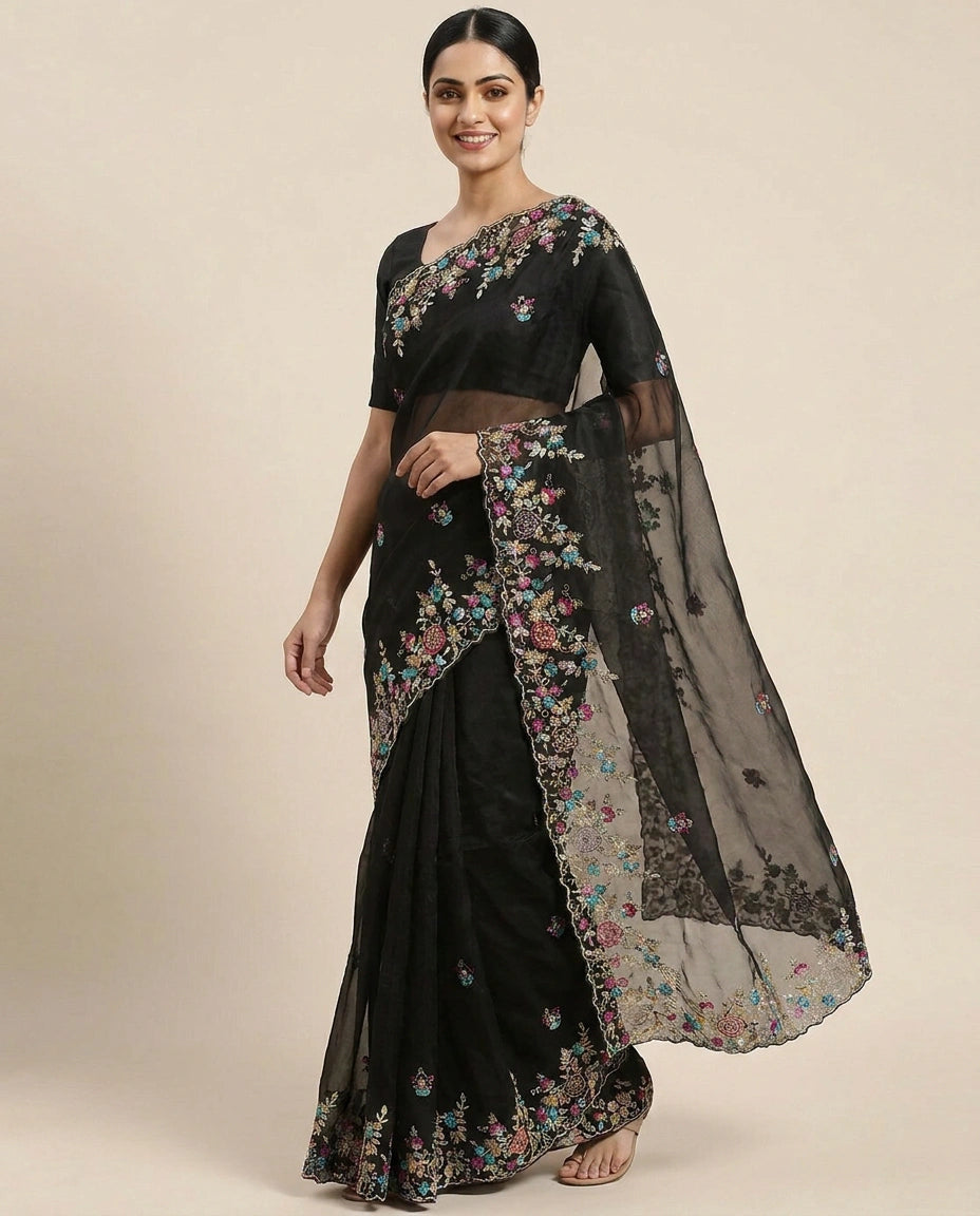 Organza Embroidered Saree with Scattered Motifs - Rangoli India
