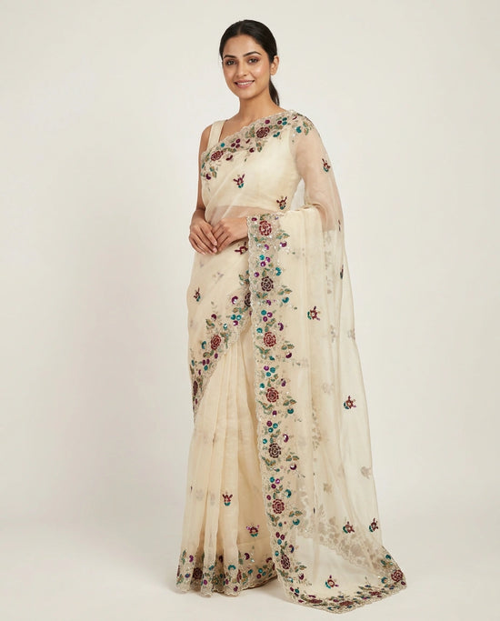 Organza Embroidered Saree with Scattered Motifs - Rangoli India