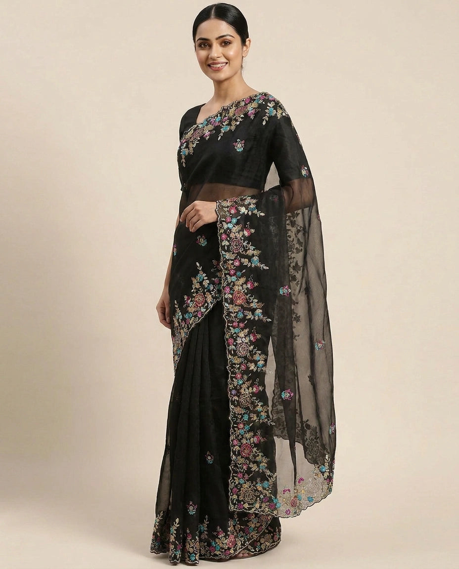 Organza Embroidered Saree with Scattered Motifs