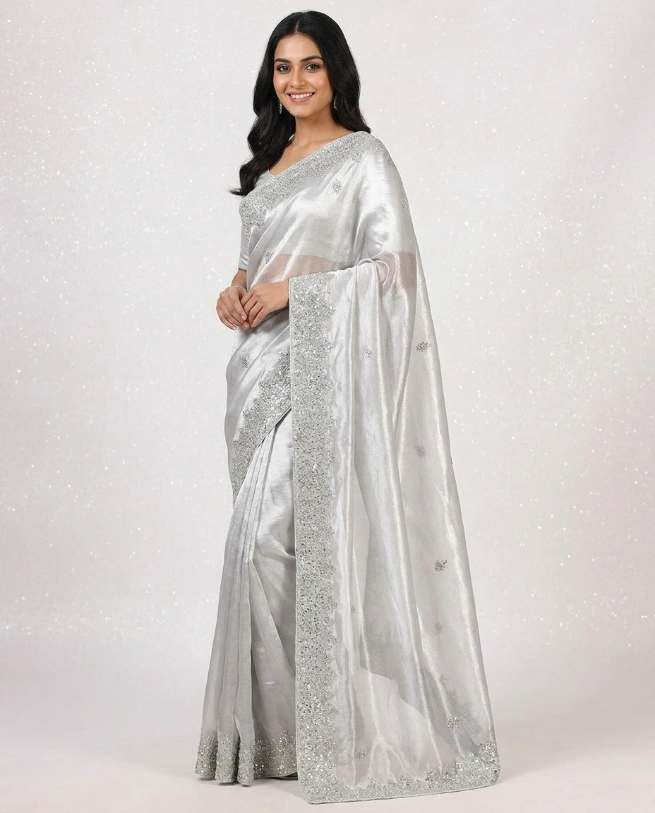 Woman wearing a silver saree with a white background